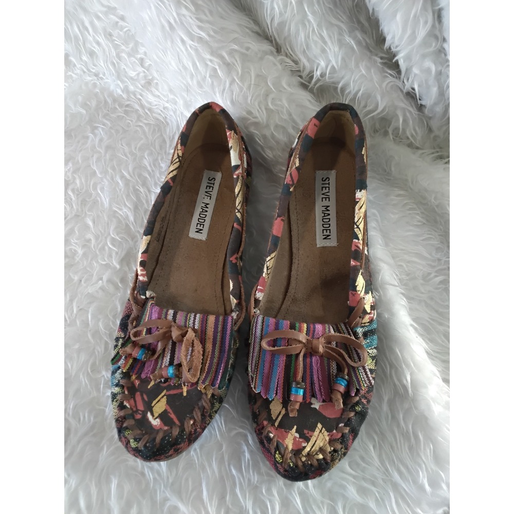 Steve‎ Madden Teana Women's Flats Moccasins Boho Tribal Print Fringe Beaded -6.5